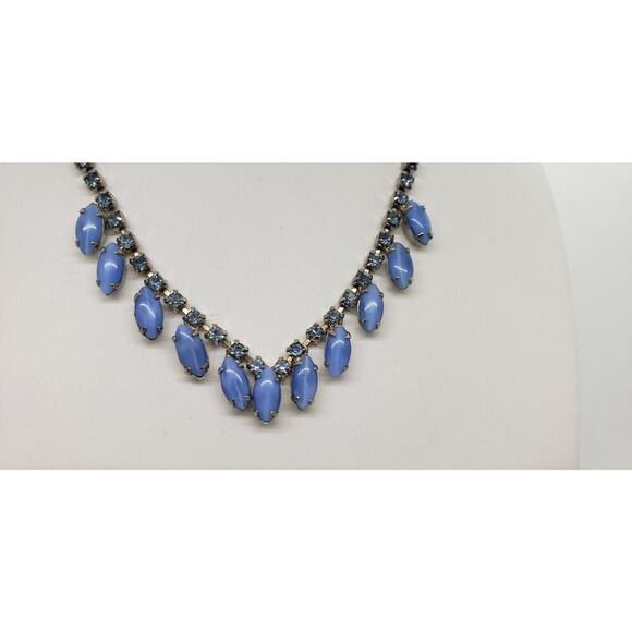 Vintage Blue Necklace Choker Earrings Set Givre Glass Moonstone Rhinestone 1950s - Picture 4 of 12